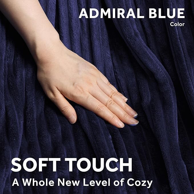 Sunbeam Royal Posh Velvet Heated Throw Electric Blanket, 50" x 60", 4 Heat Settings, 4-Hour Auto Shut-Off, Warming Throw for Couch, Fast Heating, Machine Washable, Warm and Cozy, Ribbed Admiral Blue