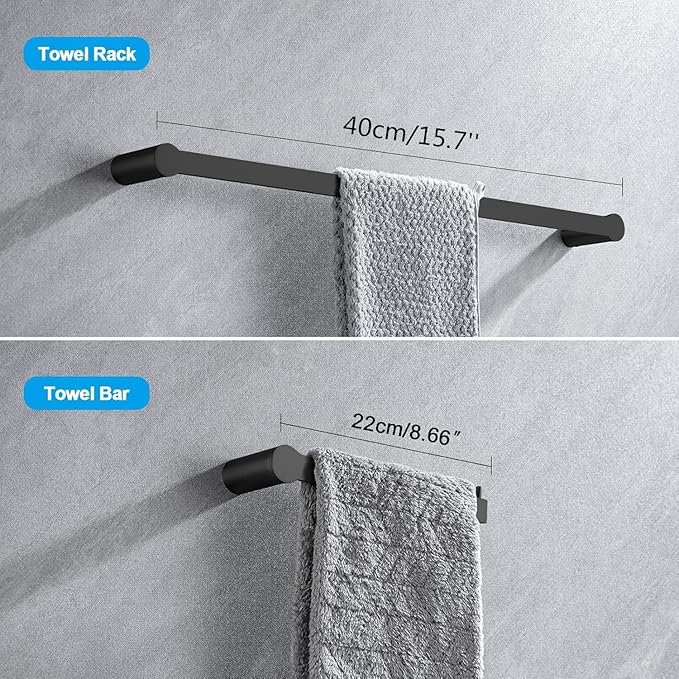 4-Pieces Bathroom Accessories Set, Matte Black Towel Bar Set Modern Stainless Steel Towel Rack Towel Hooks Toilet Paper Holder for Bathroom Wall Mounted, 16 Inch