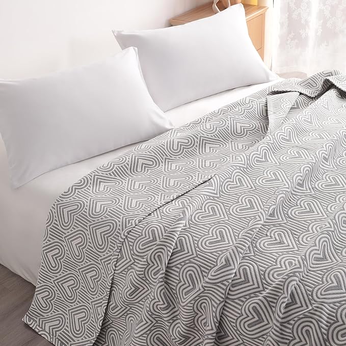NTBAY 3 Layers Cotton Muslin 68x92 Twin Bed Blanket, Super Soft Breathable Thermal Yarn Dyed Quilt for Adults, Perfect Lightweight Blanket for Couch Sofa Bed All Seasons, Grey Heart