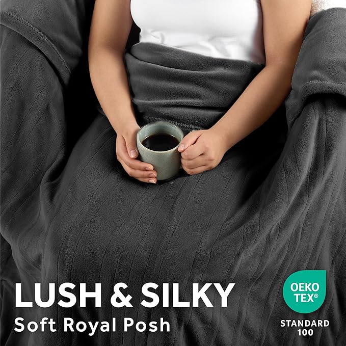 Sunbeam Ultimate Cozy Royal Posh Velvet Hand & Foot Pocket Heated Throw Electric Blanket, 50" x 72", 4 Heat Settings, 4-Hour Auto Shut-Off, Warming Throw for Couch or Bed, Machine Washable, Night Fog