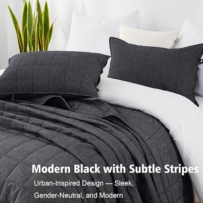 Midnight Pinstripe Quilts Queen Size, Cotton Queen Quilt Set Stone Washed with Black Stripe Bedding Coverlet Light Weight 3-Pieces with 2 Pillow Shams