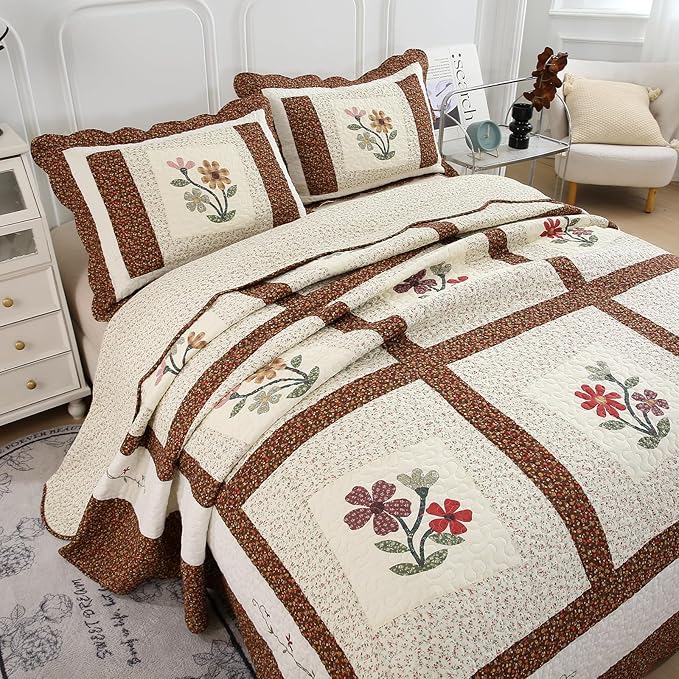 vctops 3 Piece Embroidered Floral Quilted Bedspread Quilt Set 100% Cotton Reversible Patchwork Coverlet Set 1 Quilt and 2 Pillow Shams (Coffee,King)