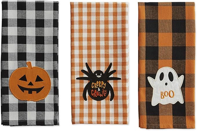 DII Happy Halloween Dishtowel Collection Embellished Cotton Kitchen Hand Towel Set, 18x28, Spooky Farmhouse Buffalo Check, 3 Count