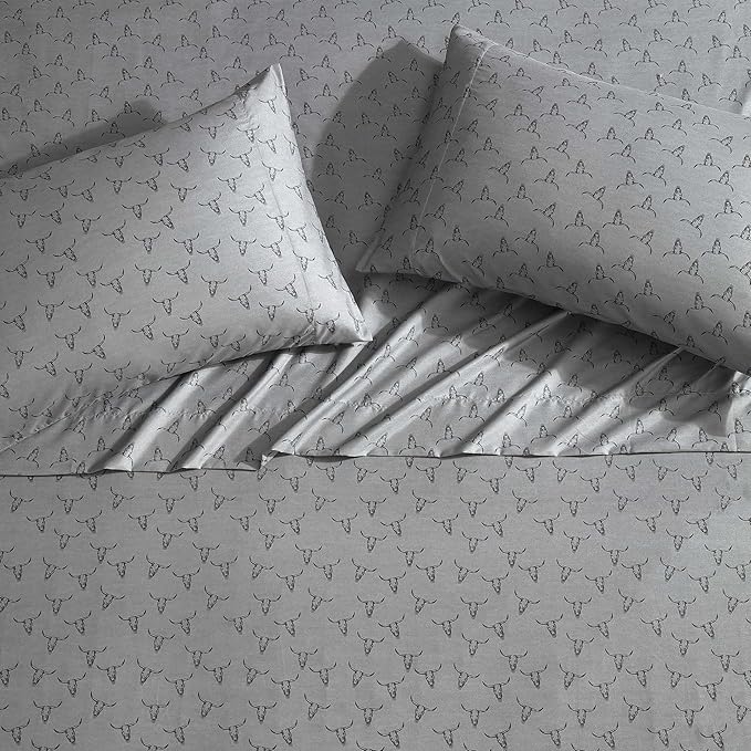 Wrangler - Queen Bed Sheets, Ultra-Soft & Lightweight Bedding with Matching Pillowcases, Lightweight Bed Set for All Season Comfort, Oeko-Tex Certified (Steer Skulls Grey)