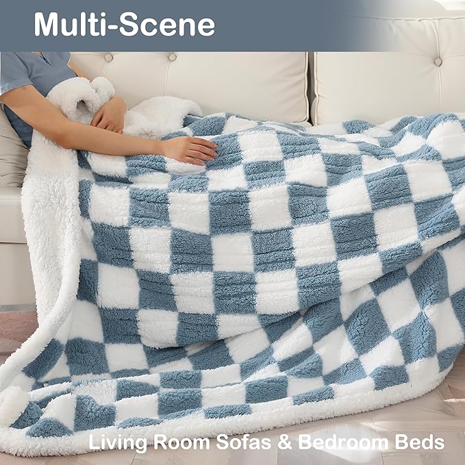 Electric Heated Blanket 6 Heating Settings & 1-10H Auto Off Full 72×84 Checkered Plaid Double Sided Plush Sherpa Ultra-Soft Warm Thick, Machine Washable, Fast Heating, Home Office Light Blue
