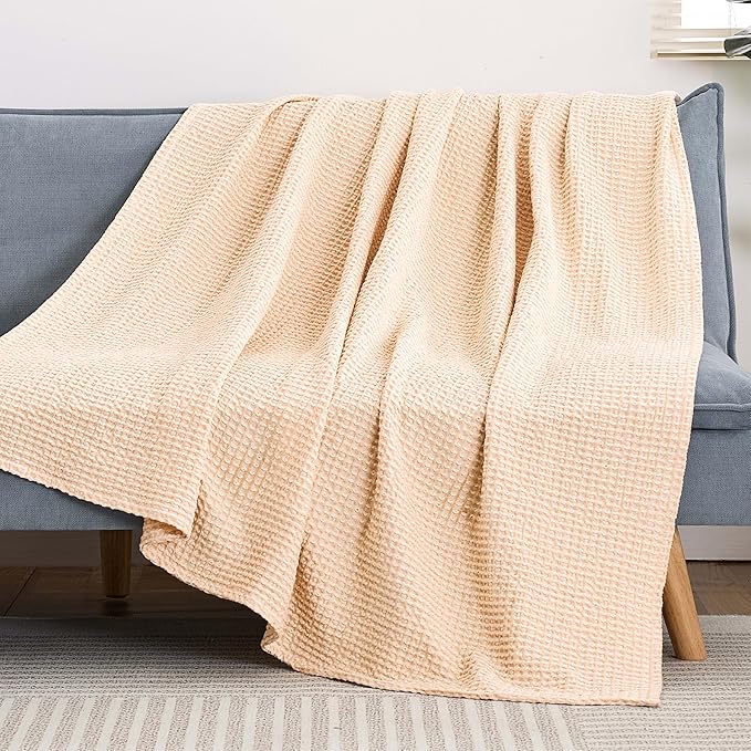 EGOHOME 100% Cotton Waffle Blanket Twin Size for Bed-Breathable and Lightweight,Soft Dual-Tone Textured Jacquard Waffle Weave Blankets for All Seasons,Banana Cream,60 x 80 Inches