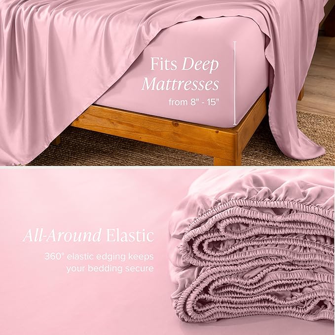 Bare Home 100% Rayon Made from Bamboo Split Head Flex King Sheet Set - 4 Piece Bedding Set - Deep Pockets - Breathable - Easy Fit - Bedding Sheets & Pillowcases (Split Head Flex King, Light Pink)