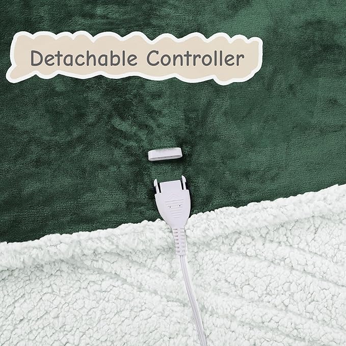 Electric Heated Blanket Queen Size 84"x90", Soft Flannel with Dual Controllers & Overheat Protection, 6 Adjustable Heat Settings & 10-Hour Auto-Off Timer, Fast Heating for Winter Comfort, Dark Green