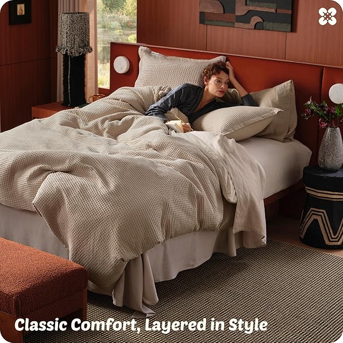 Bedsure Cotton Duvet Cover Queen - 100% Cotton Waffle Weave Khaki Duvet Cover Queen Size, GentleSoft™ and Breathable Tan Bedding Set for All Season, 3 Pieces, 90"x90"