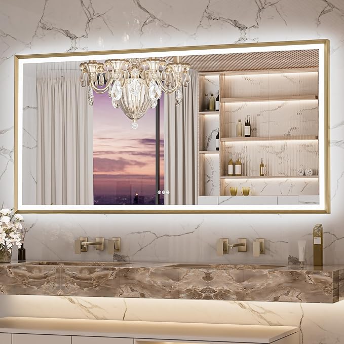 Keonjinn 72 x 36 Inch Bathroom Mirror with Frontlit & Backlit, Gold Metal Framed Beveled Edge Mirror, Large LED Mirror with Anti Fog for Wall, Stepless 3-Color Temperatures, UL-Listed Driver