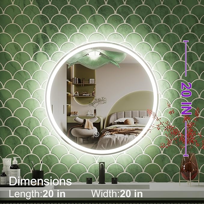 20 Inch Round LED Bathroom Mirror,Front & Backlit Lighted Bathroom Vanity Mirror, 6000K, CRI 90+, Dimmable, Touch, Anti-Fog