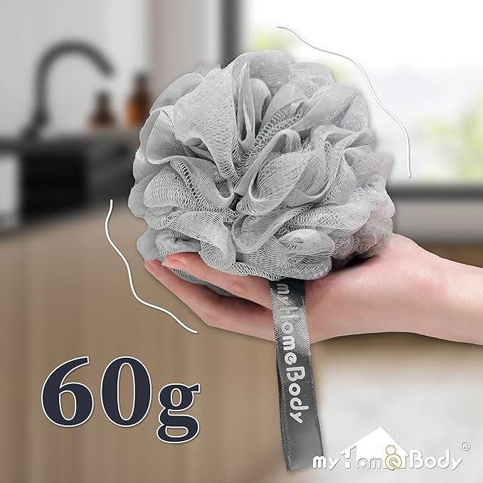 myHomeBody 60g Loofah Sponge, Body Scrubber, Bath Sponge, Loofah for Women, Men, Exfoliating Sponge Shower Pouf with Activated Charcoal - 2 Fog Gray + 1 Midnight Blue, 3 Pack
