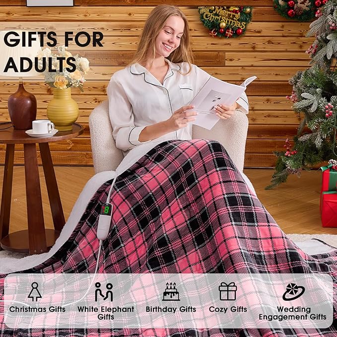 Pink Heated Blanket Electric Throw, 50X60, Heating Throw with 10 Levels & 8 Hours Auto Off, Plaid Checkered Sherpa Blanket Warmer Gifts for Women Mom Trendy Teen Girl, Home Decor for Living Room