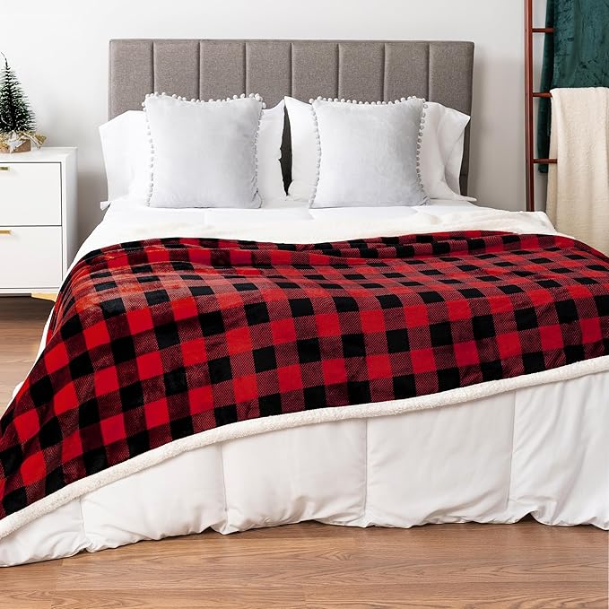 PAVILIA Black and Red Buffalo Plaid Sherpa Throw Blanket for Couch, Plush Red Black Checkered Fleece Blanket and Throws, Soft Fuzzy Flannel Blanket for Sofa Bed, Warm Cozy Winter Blanket Gift, 50x60