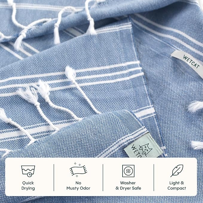 WETCAT Turkish Hand Towels with Hanging Loop, Set of 2 (20" x 30") 100% Turkish Cotton, Pre-Washed, Quick Drying, for Kitchen or Bathroom - Denim Blue