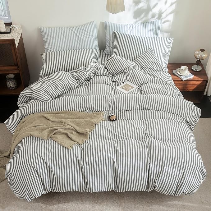 FOSSA Striped Duvet Cover Set 100% Washed Cotton Linen Feel Super Soft Breathable Cozy 3 Pieces Bedding Sets Dark Grey Classic Stripes Queen