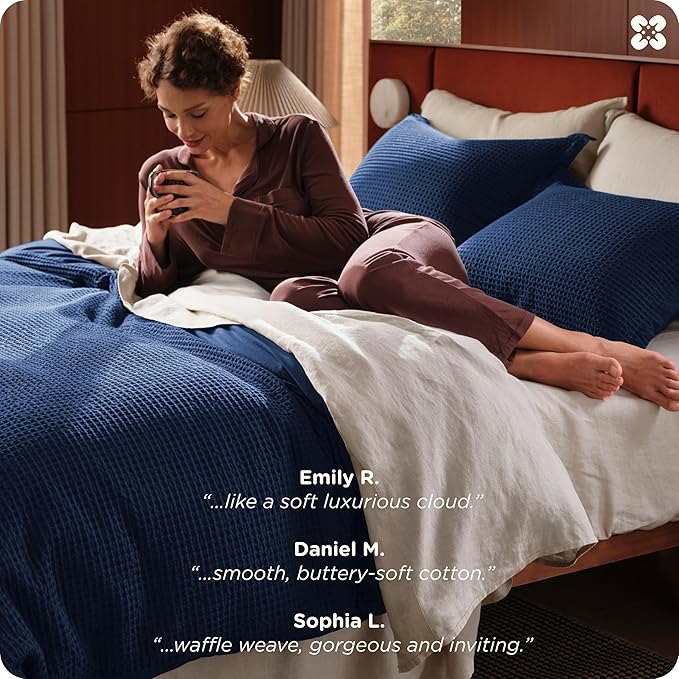 Bedsure Cotton Duvet Cover Set - 100% Cotton Waffle Weave Navy Duvet Cover Oversized King Size, GentleSoft™ and Breathable Bedding Set for All Season, 3 Pieces, 120"x98"