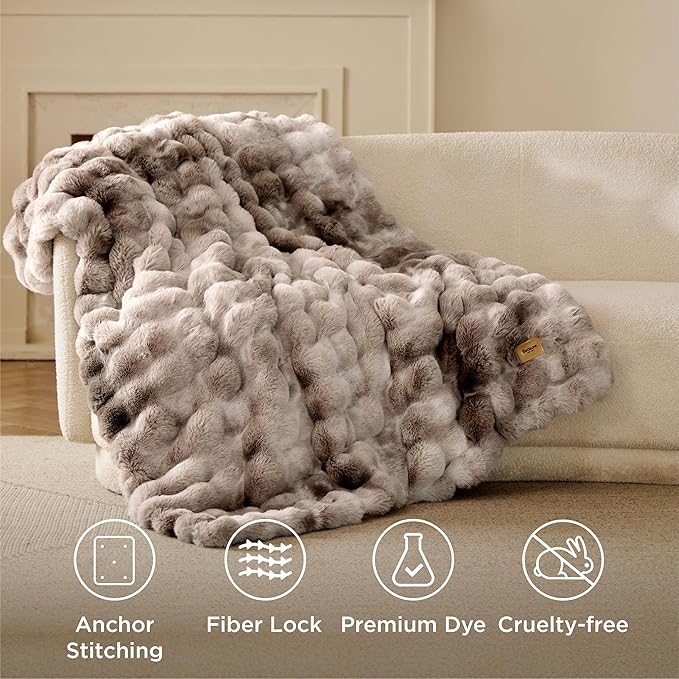 Bedsure GentleSoft Fluffy Faux Fur Throw Blanket, Fuzzy Soft Bubble Blanket for Couch, Faux Fur Decor for Home Bedroom Living Room, Thick Furry Cozy Gifts for Women, Tie-dye Brown, 50x60 Inch
