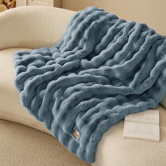 Bedsure GentleSoft Fluffy Faux Fur Throw Blanket for Couch, Soft Fuzzy Bubble Blanket Home Decor Gifts for Bedroom Living Room, Thick Warm Furry Cozy Gifts for Women, Greyish Blue, 50x60 Inch
