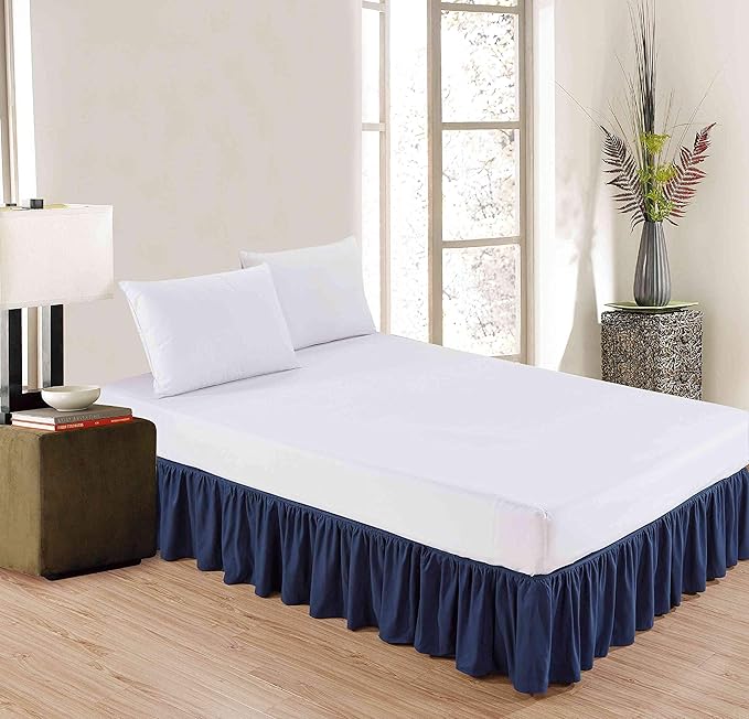 Sheets & Beyond Wrap Around Solid Microfiber Luxury Hotel Quality Fabric Bedroom Gathered Ruffled Bedding Bed Skirt 14 Inch Drop (Twin, Navy)