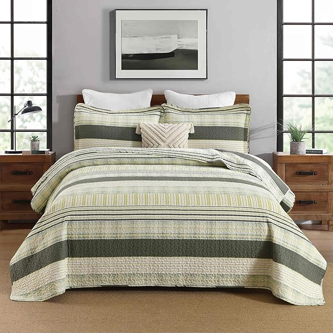 Homzard Queen Quilt - Cotton Comforter Set Queen Size, Green Yellow Striped Quilt Set,Olive Green Plaid Quilted Bedspread, Lightweight Bedding Comforter 3 Pieces All Season