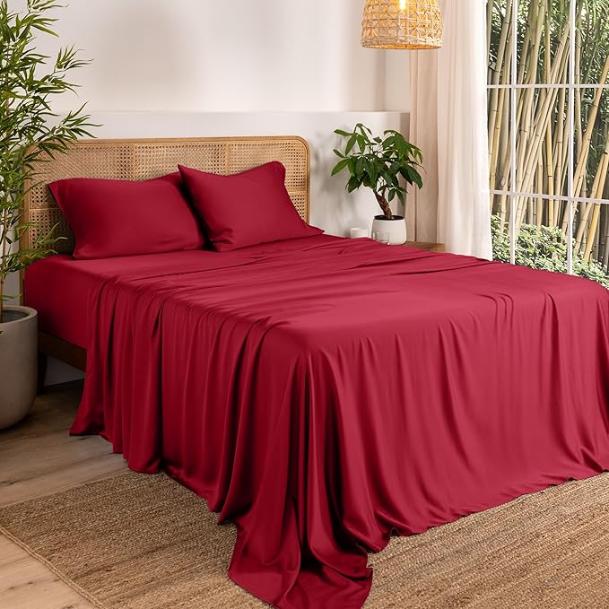 Bare Home 100% Rayon Made from Bamboo Twin XL Sheet Set - 3 Piece Bedding Set - Deep Pockets - Breathable - Easy Fit - Bedding Sheets & Pillowcases (Twin XL, Red)