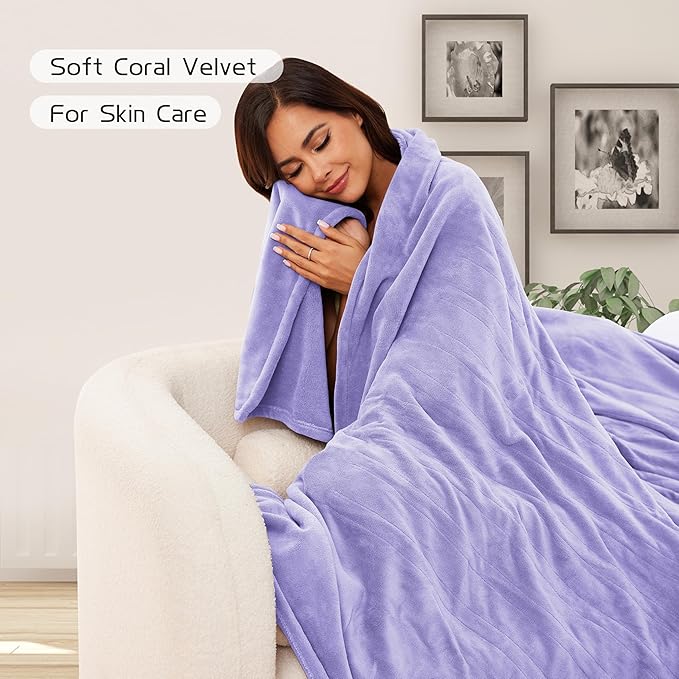 Electric Heated Blanket 84"x90" Queen Size, Soft Coral Fleece, Dual Controllers with 4 Heating Levels and 10 Hours Auto-Off, Machine Washable, Cozy Plush Fabric for Home, Light Purple