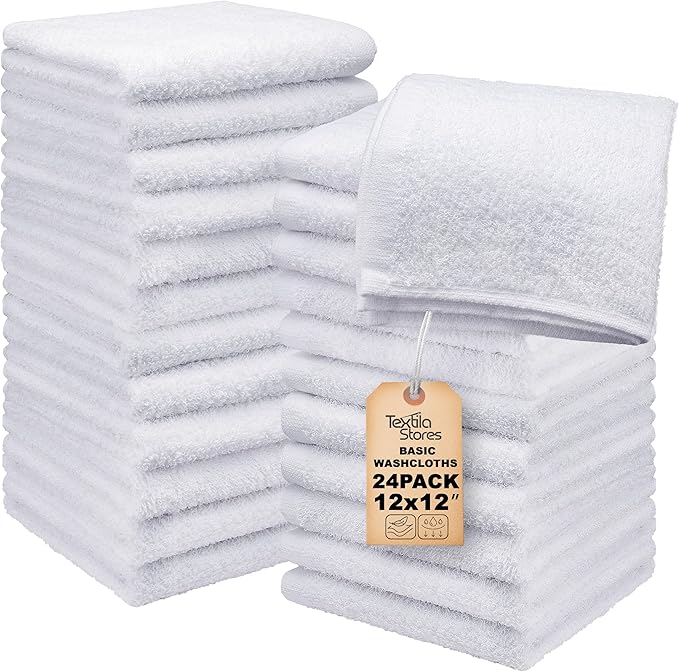 Basic Wash Cloths 12x12 Inches – Bulk Pack of 24 – White Color – Soft and Absorbent Multipurpose Cotton Washcloths for Bathroom, Spa, Gym, Salon, Hotel, and Everyday Use