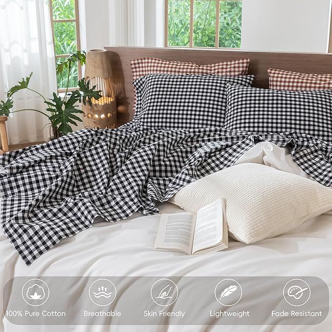 MooMee Gingham Sheet Set 100% Washed Cotton Linen Like Textured Breathable Soft w/Fully Elasticized 16-19" Deep Pocket (Classic Gingham Black White, Queen)