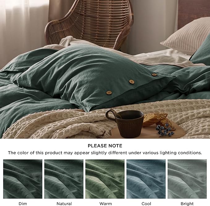 Bedsure Linen Duvet Cover King - Linen Cotton Blend Bedding Set, Soft & Cozy, 3 Pieces, 1 Duvet Cover 104x90 Inches and 2 Pillowcases, Dark Green Color Cooling Bedding, Comforter Sold Separately