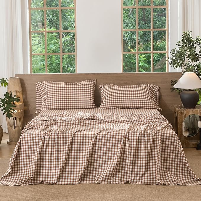 MooMee Gingham Sheet Set 100% Washed Cotton Linen Like Textured Breathable Soft w/ Fully Elasticized 16-19" Deep Pocket (Classic Gingham Dark Orange, Queen)
