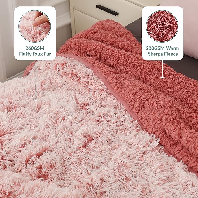 Wemore Shaggy Long Fur Faux Fur Weighted Blanket, Cozy and Plush Sherpa Long Hair Blanket for Adult 15lbs, Fluffy Fuzzy Sherpa Reverse Heavy Blanket for Bed, Couch, Backprint Pink, 60 x 80 Inches