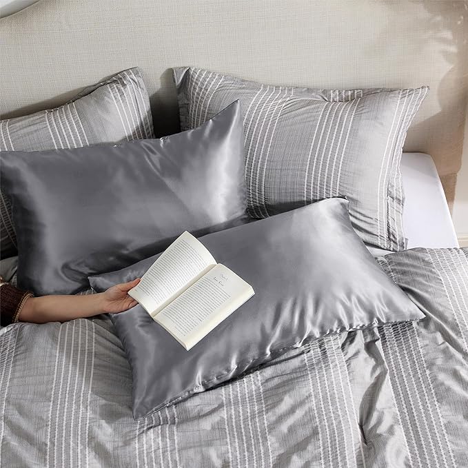Bedsure Satin Pillowcase with Zipper, Similar to Silk Pillow Cases 2 Pack, Silky & Soft Satin Pillow Cases Standard Size for Hair and Skin, Dark Grey Pillow Covers, Gifts for Women Men, 20x26 Inches