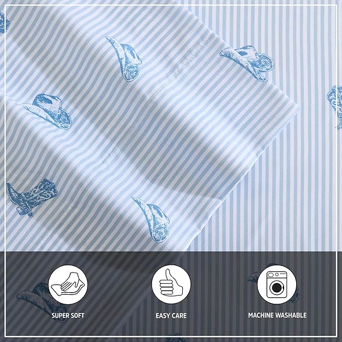Wrangler - King Bed Sheets, Ultra-Soft & Lightweight Bedding with Matching Pillowcases, Lightweight Bed Set for All Season Comfort, Oeko-Tex Certified (Cowboy Pinstripe Blue)