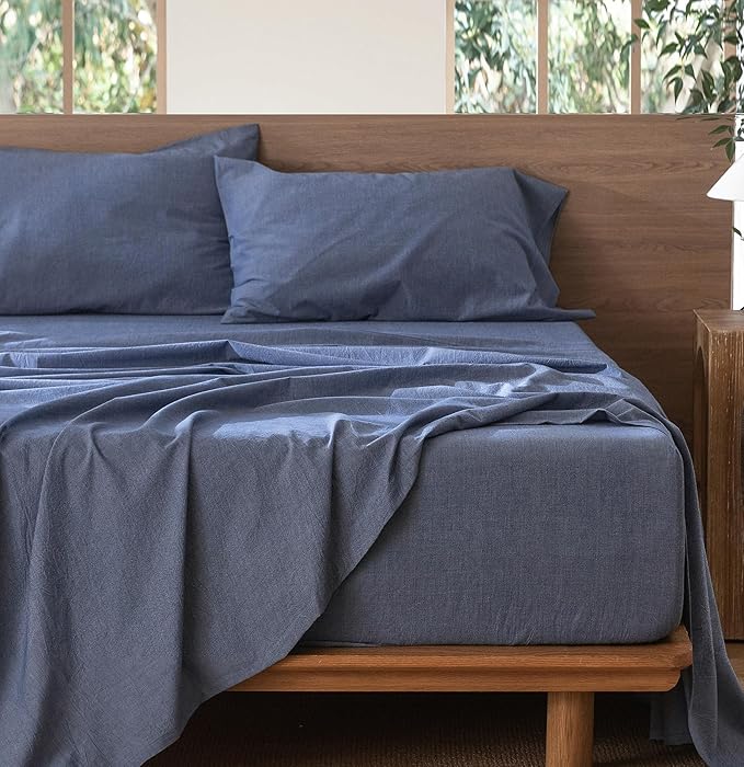 MooMee Bedding Sheet Set 100% Washed Cotton Linen Like Textured Breathable Durable Soft Comfy (Heathered Blue, California King)