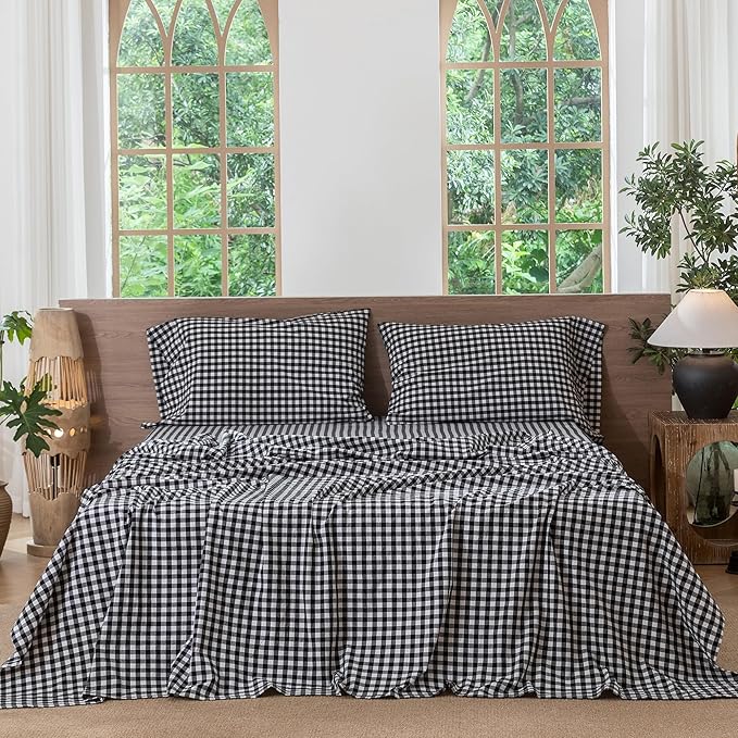 MooMee Gingham Sheet Set 100% Washed Cotton Linen Like Textured Breathable Soft w/Fully Elasticized 16-19" Deep Pocket (Classic Gingham Black White, Queen)