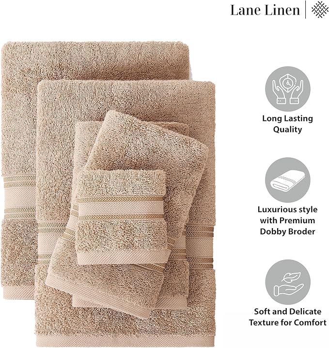 LANE LINEN Towel Set for Bathroom – 18-Pack 100% Cotton, Zero Twist, Includes 6 Bath, 6 Hand & 6 Washcloth, Suitable for All Body Types, Soft & Quick Dry, Ideal for Airbnb & Spa - Tapue
