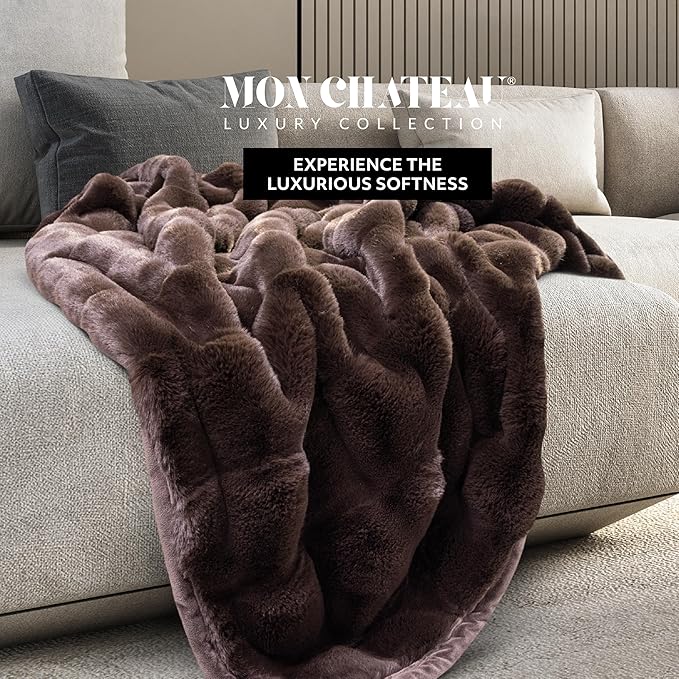 Mon Chateau 60" x 70" Hearthside Faux Fur Throw Blanket, Reversible Soft Blanket for Queen-Size Bed, Couch, or Sofa, Cozy Home Decor and Stylish Living Room Comfort, Chestnut