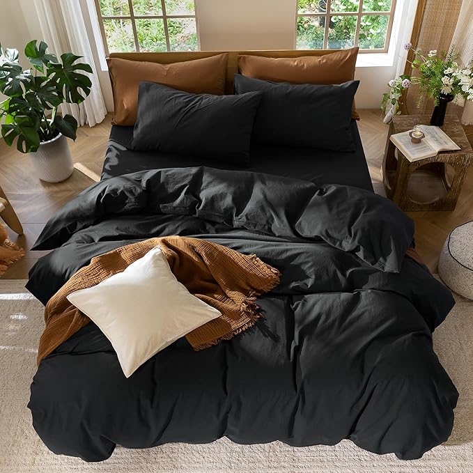 MooMee Bedding Duvet Cover Set 100% Washed Cotton Linen Like Textured Breathable Durable Soft Comfy (Solid Black, Oversized Queen 98"x98")