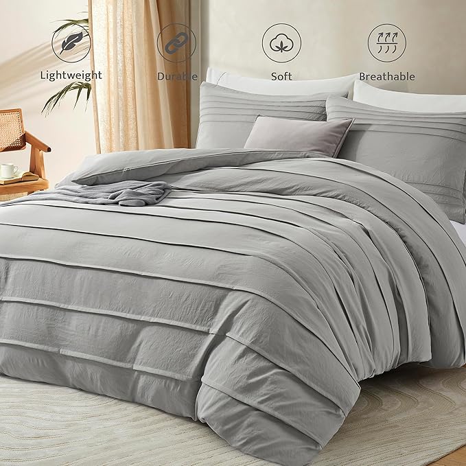 Oli Anderson Light Grey Duvet Cover King Size - Pleated King Duvet Cover, 3PCS Soft and Breathable Textured Bedding Set with Zipper Closure(Light Grey,104"x90")