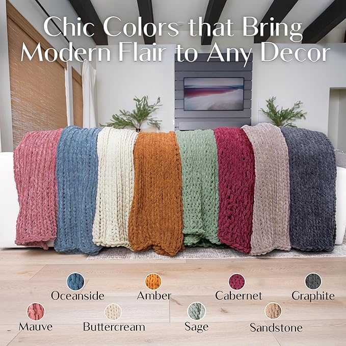 SAMIAH LUXE Sage Green Chunky Knit Blanket Throw 50x60, Chenille Chunky Knit Throw Blanket for Living Room Decor or Boho Decor, Thick Yarn Knitted Blankets for Couch or Bed, Knitted Crochet Blankets