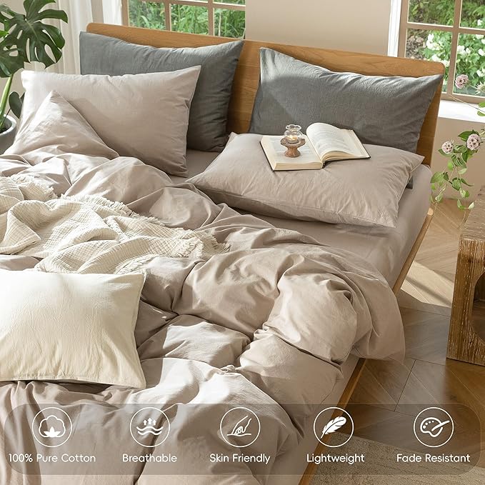MooMee Bedding Duvet Cover Set 100% Washed Cotton Linen Like Textured Breathable Durable Soft Comfy (Heathered Taupe, Palatial King/Oversized King 120"x98")