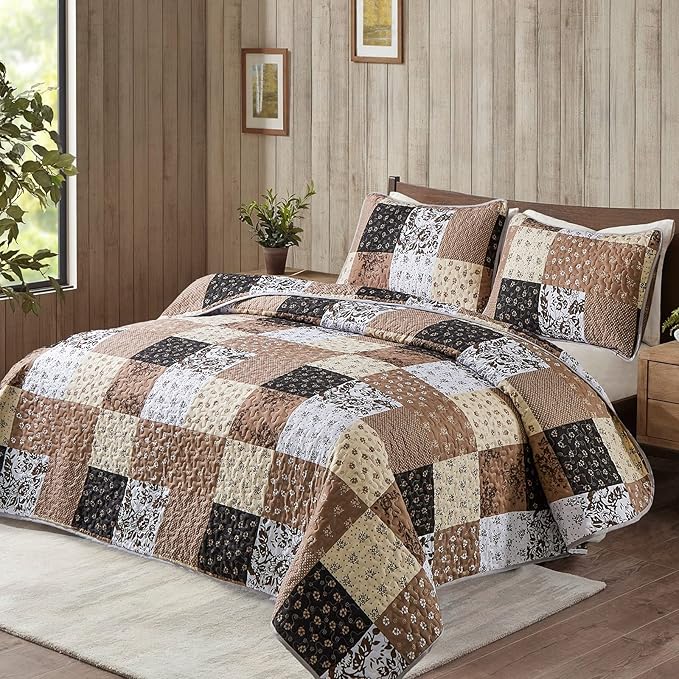 Mybedsoul Brown Patchwork Quilt Set California King Size,3 Pieces Khaki Floral Plaid Reversible Bedspread Coverlet Set for All Season,Summer Soft Microfiber Bedding Set 96"x 106"