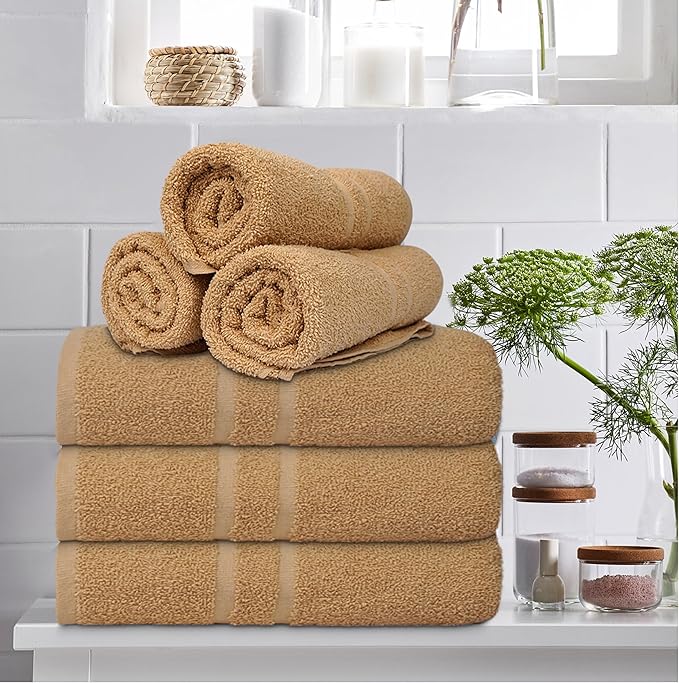 Basic Medium Bath Towels 24x48 Inches – Pack of 6 – Beige Color – Soft and Absorbent Multipurpose Cotton Towels for Bathroom, Spa, Gym, Salon, Hotel, Clinics and Everyday Use