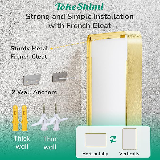 TokeShimi 30x36 Brushed Gold Mirror for Bathroom,Modern Bathroom Vanity Mirror,Tempered Glass,Gold Aluminum Framed Mirror(Horizontal/Vertical)