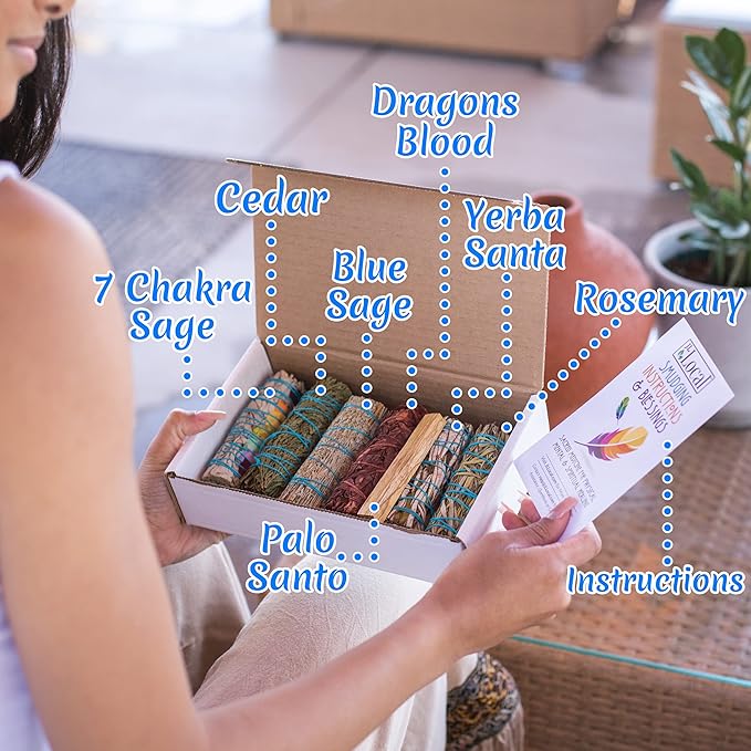 7 Sage Smudge Kit with Blue Sage, 7 Chakra White Sage, Cedar, Dragon's Blood, Rosemary, Yerba Santa, Palo Santo | Salvia Blanca para Limpiar Sustainably Sourced
