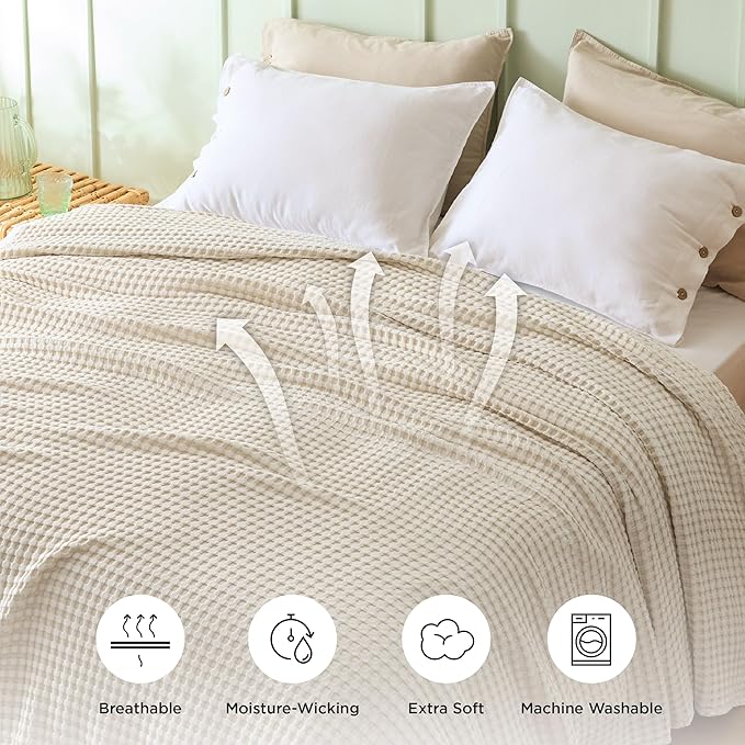Bedsure Cooling Cotton Waffle King Size Blanket - Lightweight Breathable Blanket of Rayon Derived from Bamboo for Hot Sleepers, Light Beige, 104x90 Inches