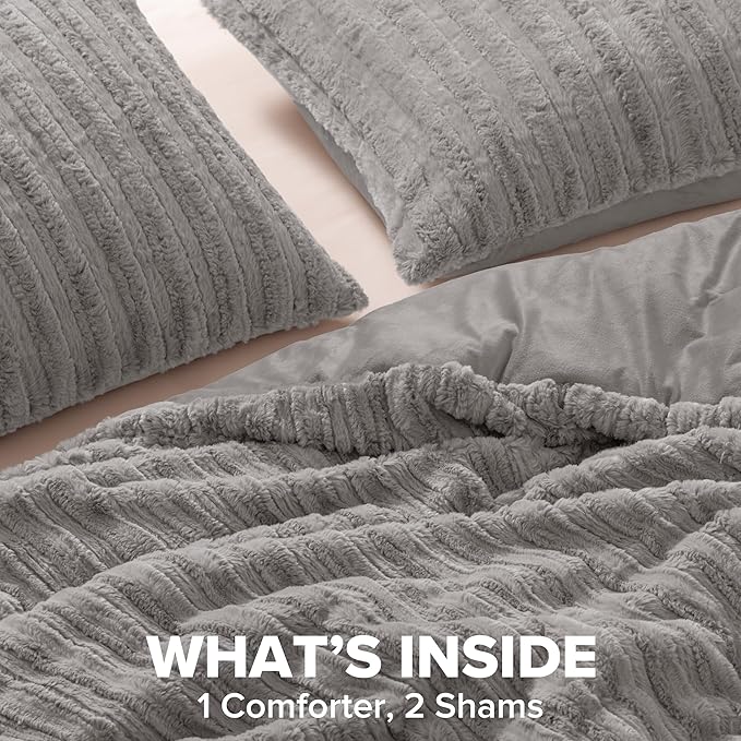 UGG Full/Queen Comforter Set with 2 Pillow Shams Plush Faux Fur Bedding Soft Warm Down Alternative Comforter Washable Hypoallergenic Fluffy Blanket Set for Bedroom, Full/Queen, Seal Grey (Kenzie)