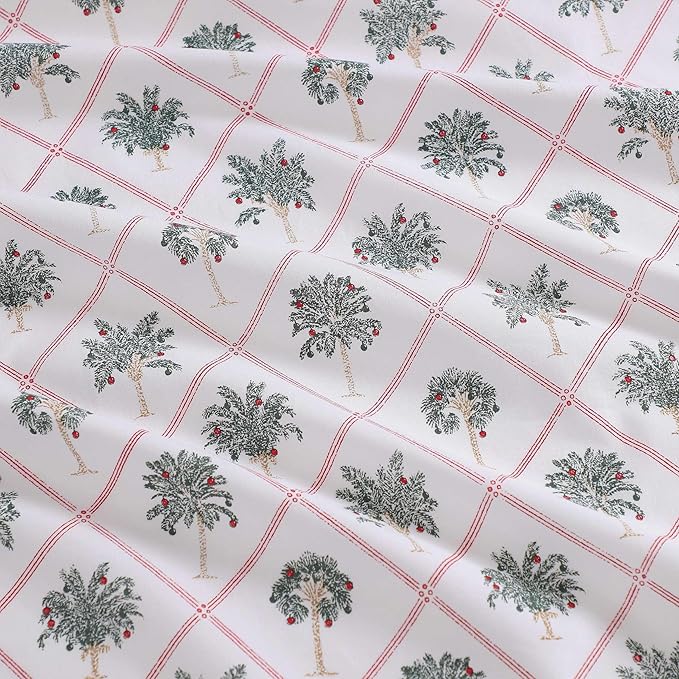 Tommy Bahama - Queen Size Sheet Set, Crisp & Cool Cotton Percale Bedding with a Smooth Lightweight Feel, 4 Piece Holiday Bed Sheets with Matching Pillowcases (Palm Tree Trellis Red)