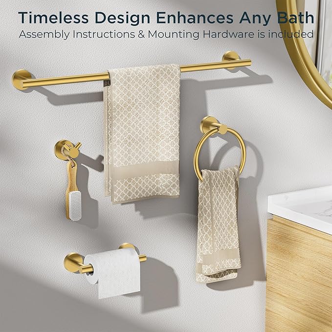 FORIOUS Bathroom Hardware Accessories Set, SUS304 Stainless Steel 24 Inch Towel Bar Set, Modern Towel Racks Holder for Bathroom Wall Mounted, 4 Pieces, Brushed Gold
